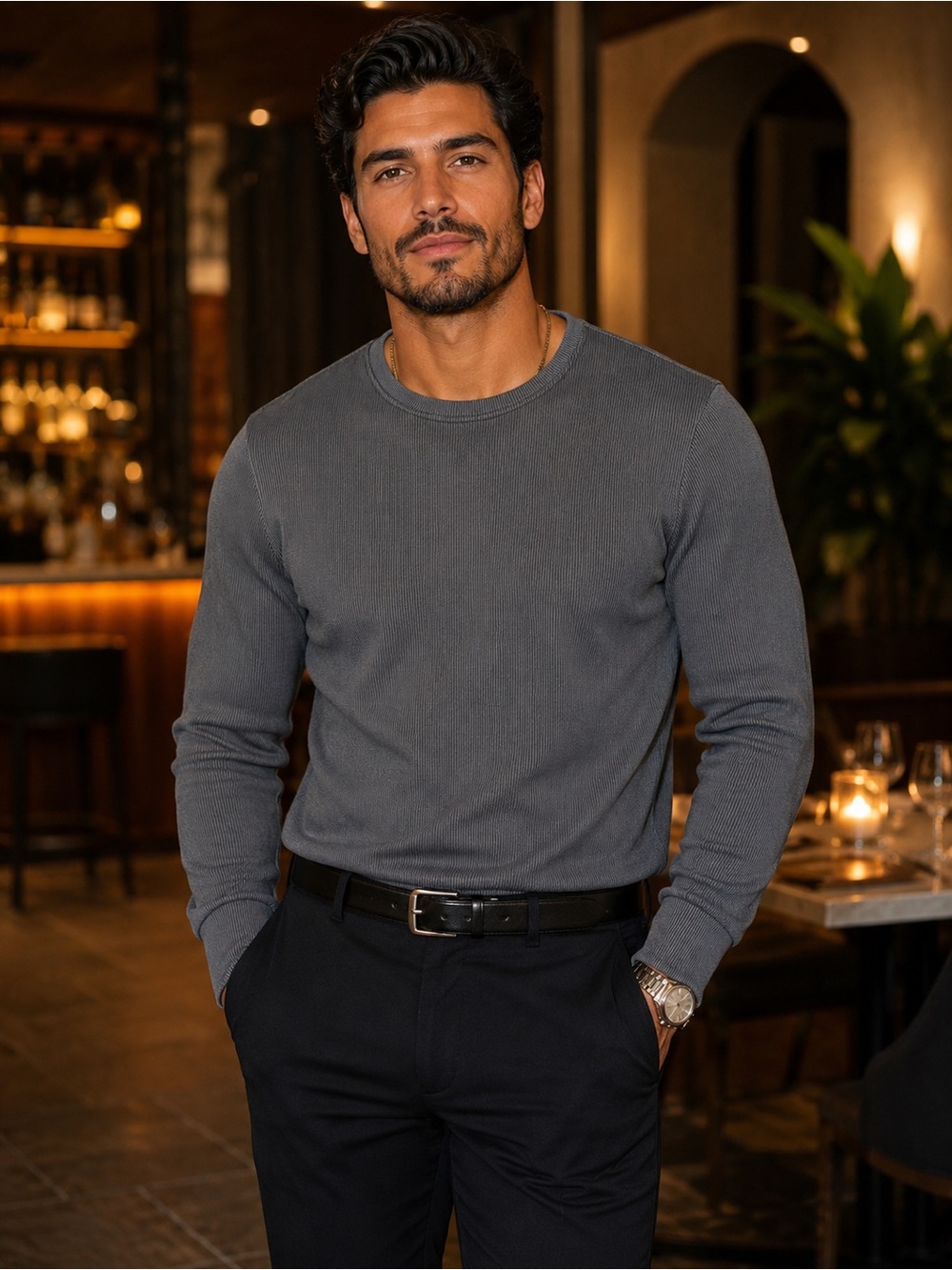 Geoffrey Beene Men's Navy Ribbed Long-Sleeve Shirt – Size Medium
